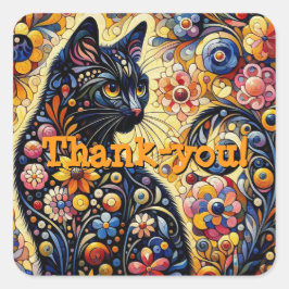 黒猫お洒落抽象芸術フローラ絵画ズ・アート スクエアシール