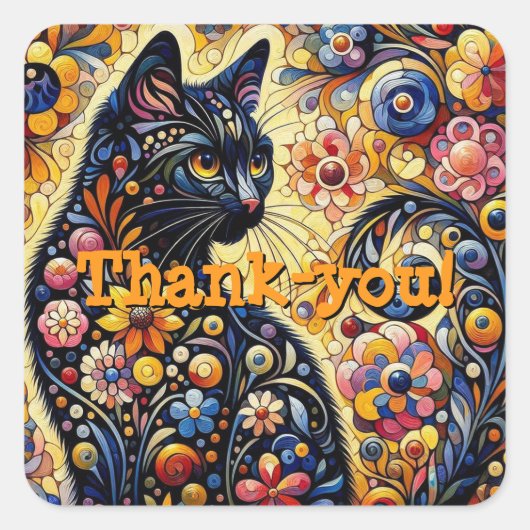 黒猫お洒落抽象芸術フローラ絵画ズ・アート スクエアシール (正面)