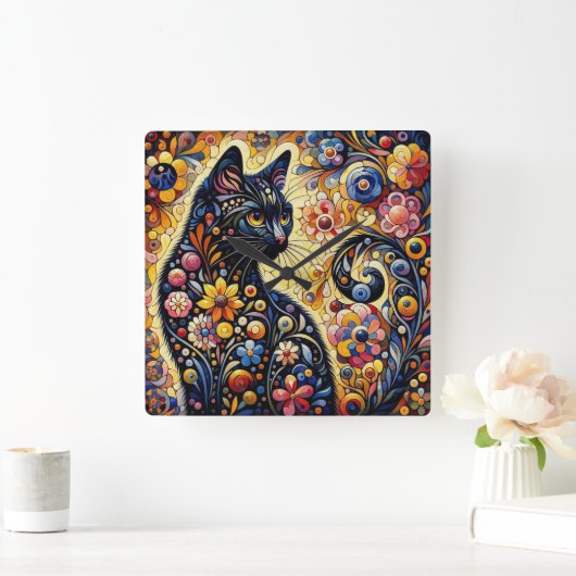 黒猫お洒落抽象芸術フローラ絵画ズ・アート スクエア壁時計 (ホーム)