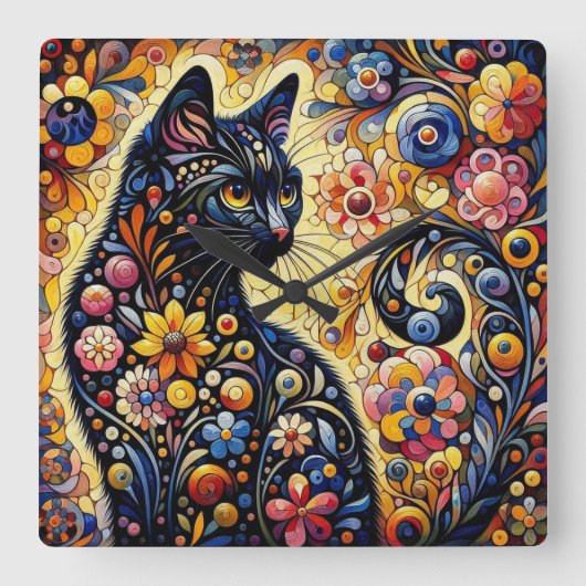 黒猫お洒落抽象芸術フローラ絵画ズ・アート スクエア壁時計 (正面)