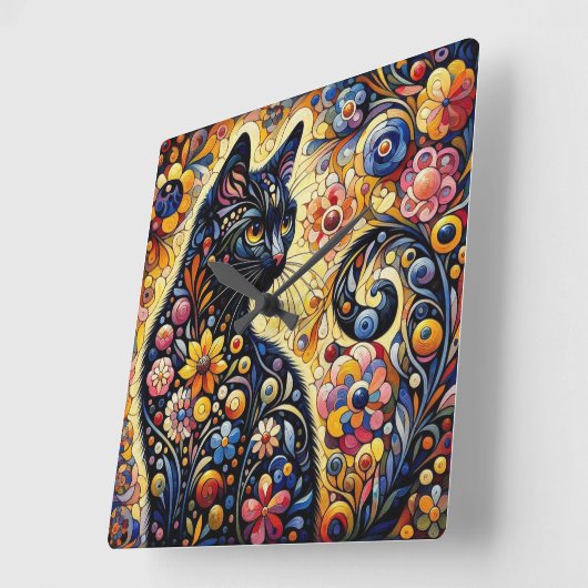 黒猫お洒落抽象芸術フローラ絵画ズ・アート スクエア壁時計 (傾斜)