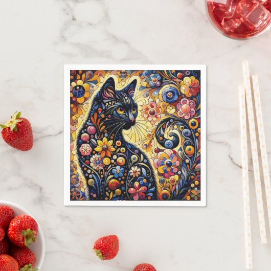 黒猫お洒落抽象芸術フローラ絵画ズ・アート スタンダードカクテルナプキン (インサイチュ)