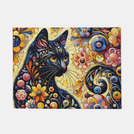 黒猫お洒落抽象芸術フローラ絵画ズ・アート ドアマット