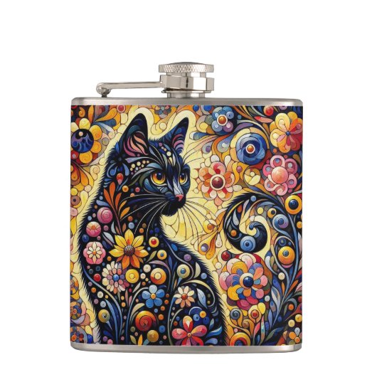 黒猫お洒落抽象芸術フローラ絵画ズ・アート フラスク (正面)