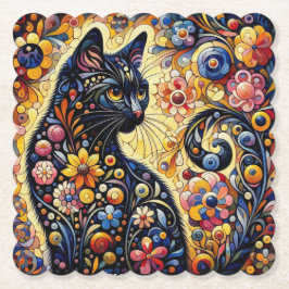 黒猫お洒落抽象芸術フローラ絵画ズ・アート ペーパーコースター