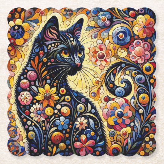 黒猫お洒落抽象芸術フローラ絵画ズ・アート ペーパーコースター (正面)