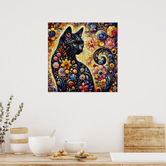 黒猫お洒落抽象芸術フローラ絵画ズ・アート ポスター (キッチン)