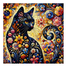 黒猫お洒落抽象芸術フローラ絵画ズ・アート