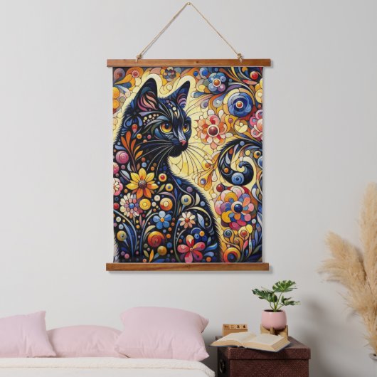 黒猫お洒落抽象芸術フローラ絵画ズ・アート 吊り下げ型タペストリー (寝室)