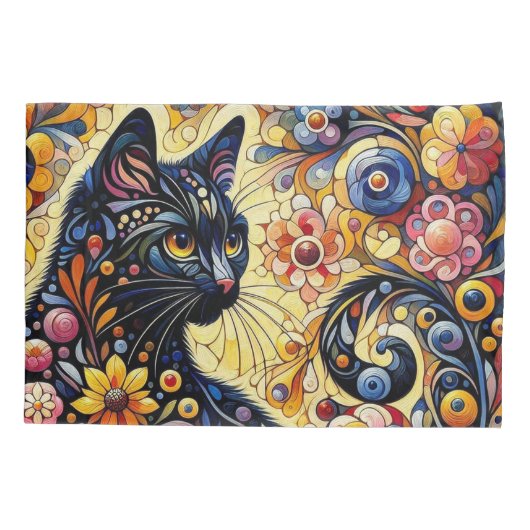 黒猫お洒落抽象芸術フローラ絵画ズ・アート 枕カバー (裏面-左)