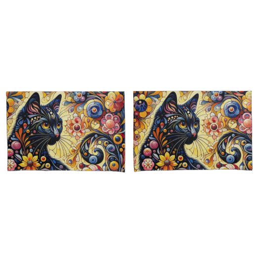 黒猫お洒落抽象芸術フローラ絵画ズ・アート 枕カバー (フロントセット)