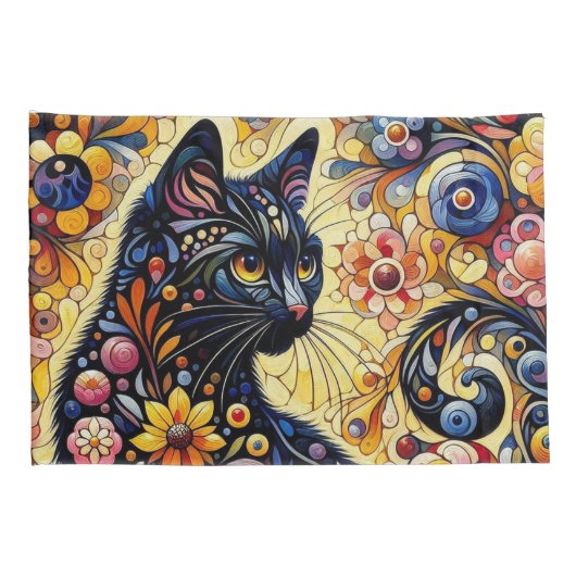 黒猫お洒落抽象芸術フローラ絵画ズ・アート 枕カバー (裏面-右)