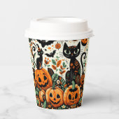 黒猫お洒落、かぼちゃとこうもり 紙コップ (正面)