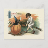黒猫かぼちゃの魔女の帽子ほうき文字 ポストカード (正面)