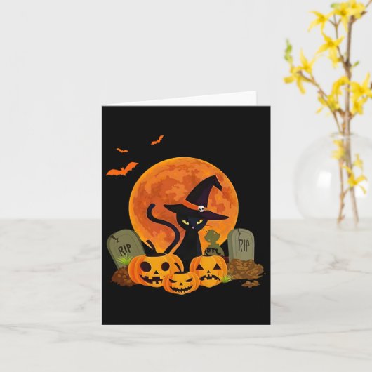 黒猫かぼちゃムーンハロウィンコスチューム猫好き カード (黄色い花)