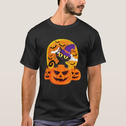 黒猫かぼちゃムーンハロウィンコスチューム猫好き Tシャツ (正面)