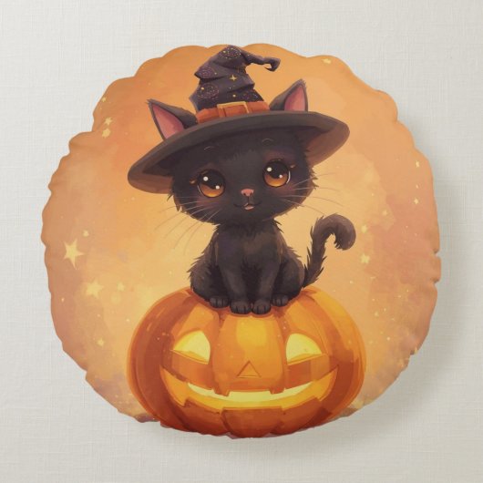 黒猫かぼちゃ丸ハロウィーン枕 ラウンドクッション (正面)