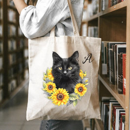 黒猫がひまわりを愛するイニシャル トートバッグ