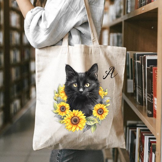 黒猫がひまわりを愛するイニシャル トートバッグ