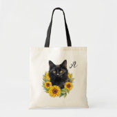 黒猫がひまわりを愛するイニシャル トートバッグ (正面)
