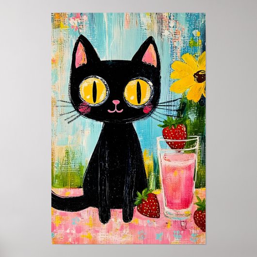 黒猫がイチゴジュースを飲んでいる ポスター (正面)