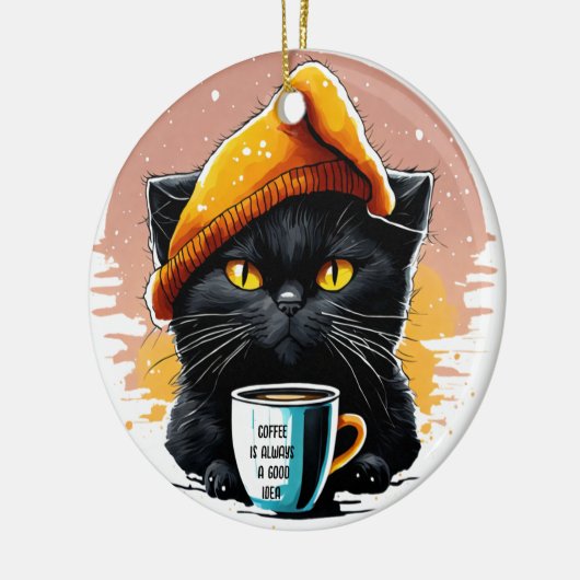 黒猫がキャップコーヒーを飲むオーナメント セラミックオーナメント (左)