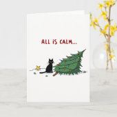 黒猫がクリスマスツリーを倒す面白いデザイン カード (黄色い花)
