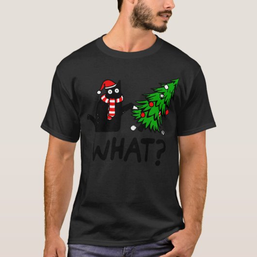 黒猫がクリスマスツリーを倒す ギフト グッズ 面白い Tシャツ (正面)