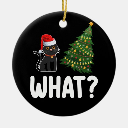黒猫がクリスマスツリーを押している面白いデザイン セラミックオーナメント (正面)