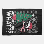 黒猫がクリスマスツリーを押している面白い猫 キッチンタオル (横)