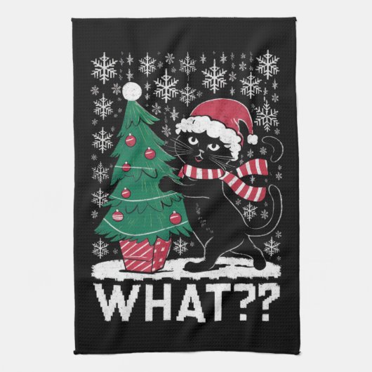 黒猫がクリスマスツリーを押している面白い猫 キッチンタオル (縦)