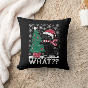 黒猫がクリスマスツリーを押している面白い猫 クッション