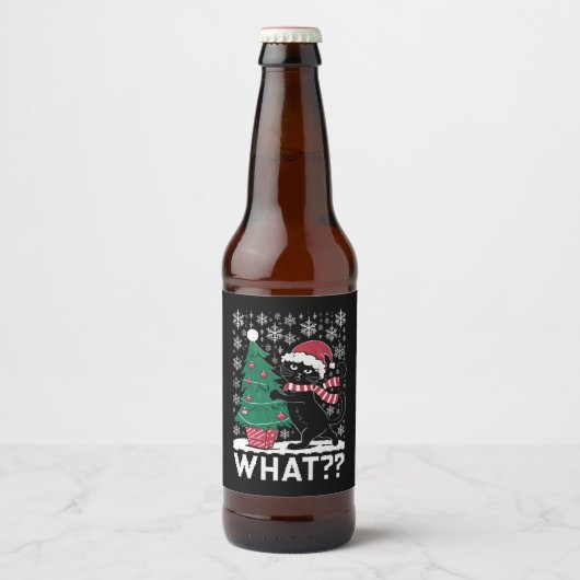 黒猫がクリスマスツリーを押している面白い猫 ビールラベル (正面)