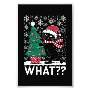 黒猫がクリスマスツリーを押している面白い猫 フォトプリント
