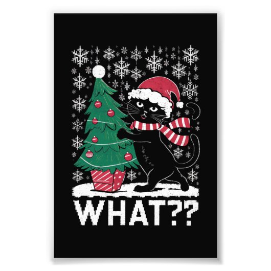 黒猫がクリスマスツリーを押している面白い猫 フォトプリント            (正面)