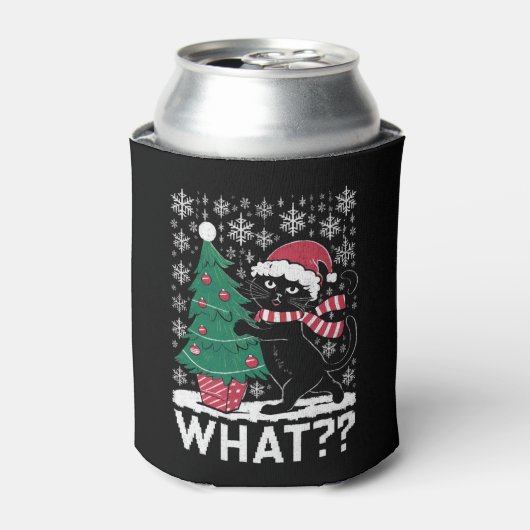 黒猫がクリスマスツリーを押している面白い猫 缶クーラー (缶正面)
