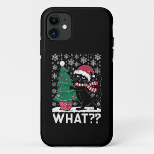 黒猫がクリスマスツリーを押している面白い猫 iPhone 11 ケース