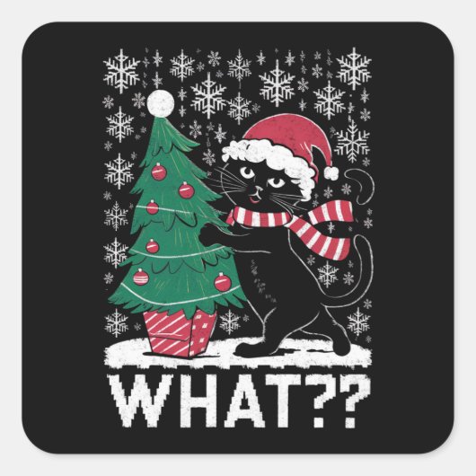黒猫がクリスマスツリーを押している スクエアシール (正面)