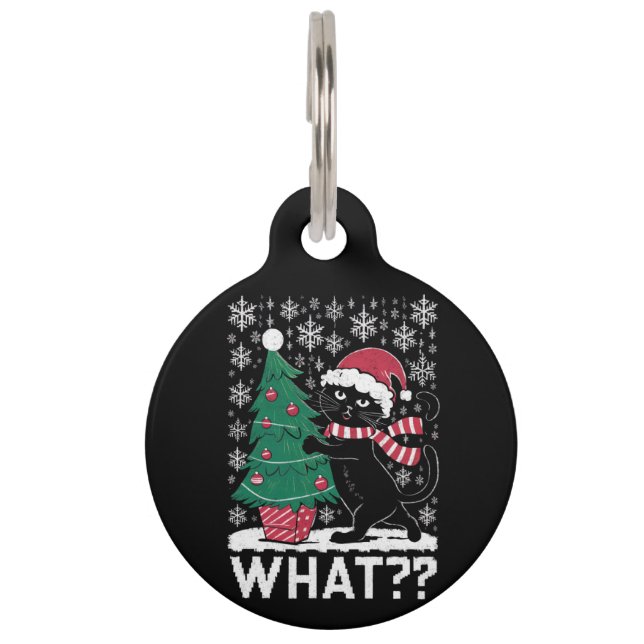 黒猫がクリスマスツリーを押している  ペット　ネームタグ (正面)