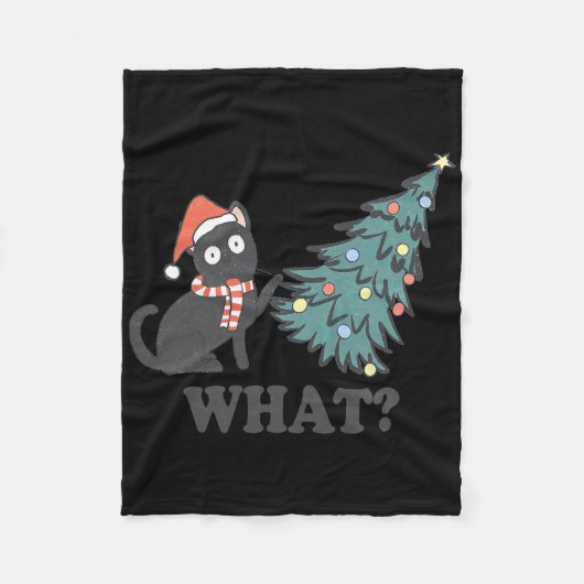 黒猫がクリスマスツリーを押している 何のXmas+Lights フリースブランケット (正面)