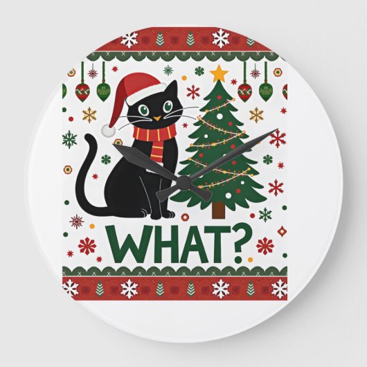 黒猫がクリスマスツリーを押している 面白い猫のXm ラージ壁時計 (正面)