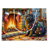 黒猫がクリスマス電飾と暖炉のそばに座る ラージペーパーバッグ (正面)