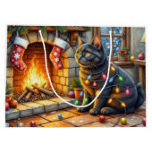 黒猫がクリスマス電飾と暖炉のそばに座る ラージペーパーバッグ (裏面)