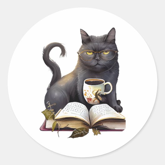 黒猫がコーヒーを飲読み著書 ラウンドシール (正面)