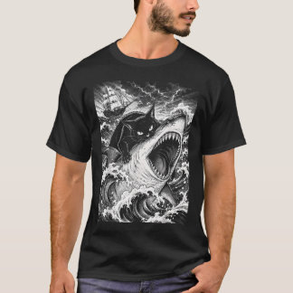 黒猫がサメを噛むアニメ男子クール Tシャツ