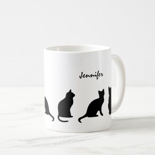 黒猫がシルエットパーソナライズされた コーヒーマグカップ (正面右)