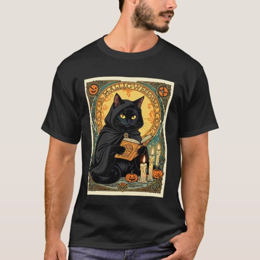 黒猫がジャック・オー・ランタンの日記を読む Tシャツ (正面)