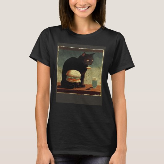 黒猫がハンバーガーについて考えている Tシャツ (正面)