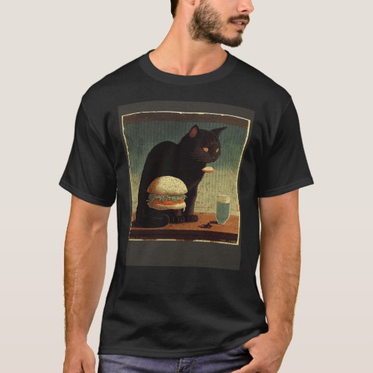 黒猫がハンバーガーについて考えている Tシャツ (正面)