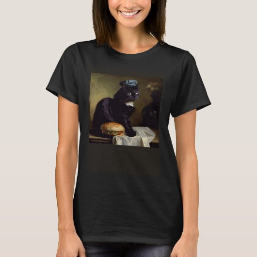 黒猫がハンバーガーを考える Tシャツ (正面)